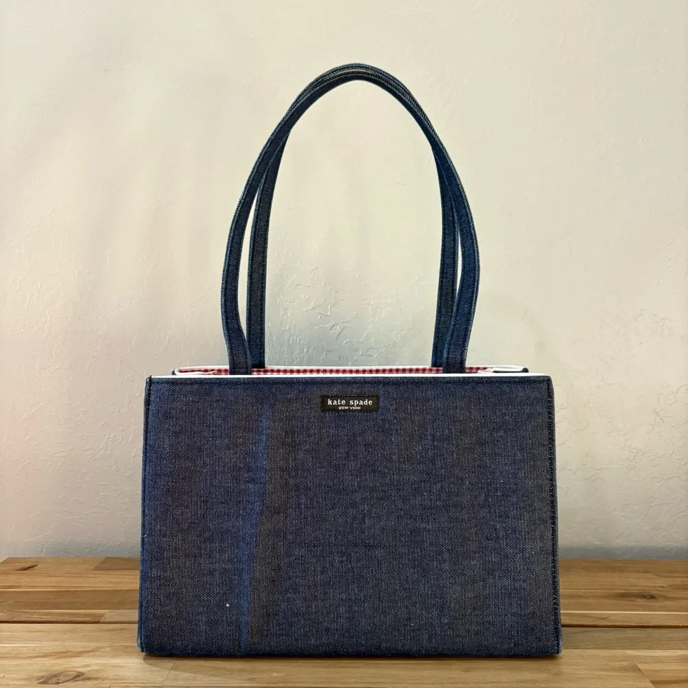 Vintage Kate Spade New York Denim Shoulder Bag – Made in USA – Gingham Lining - Picture 2 of 16
